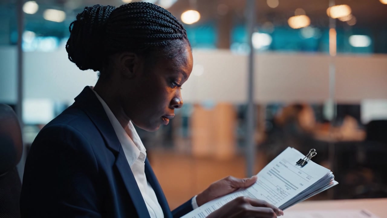 A focused professional reviewing important documents in a modern office setting, demonstrating dedication and attention to detail in a corporate environment.