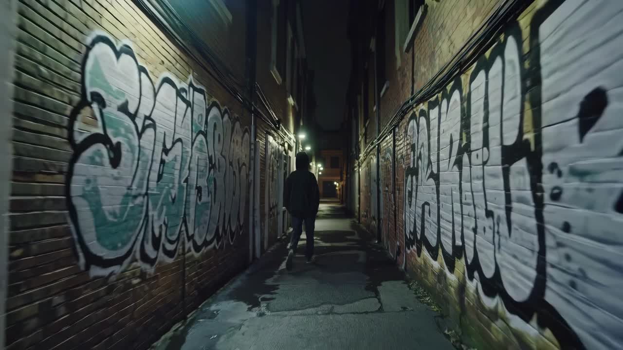A moody, low-angle video shot of a person walking through a graffiti-lined alley at night