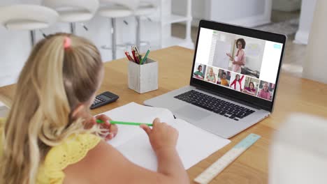 Schoolgirl-using-laptop-for-online-lesson-at-home,-with-diverse-teacher-and-class-on-screen