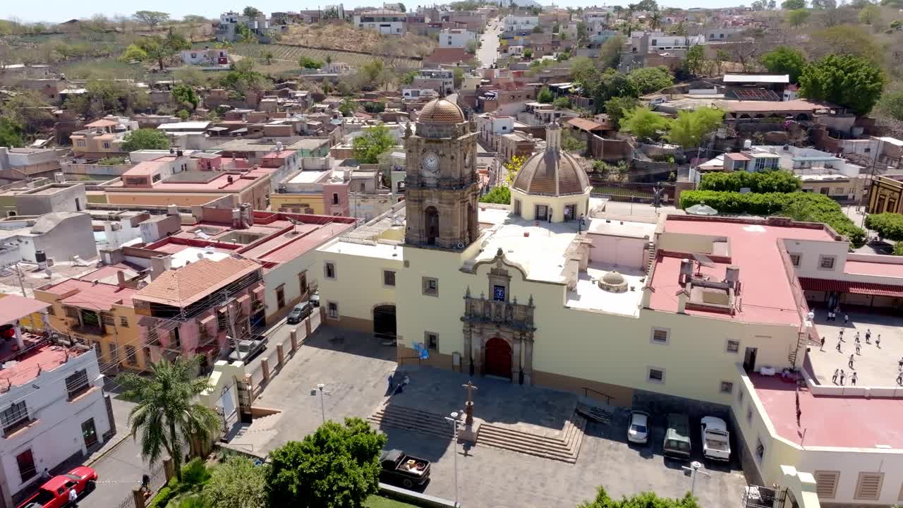 The Inmaculada Concepcion Parish catholic church of Immaculate Conception in view, Jalisco, Drone shot