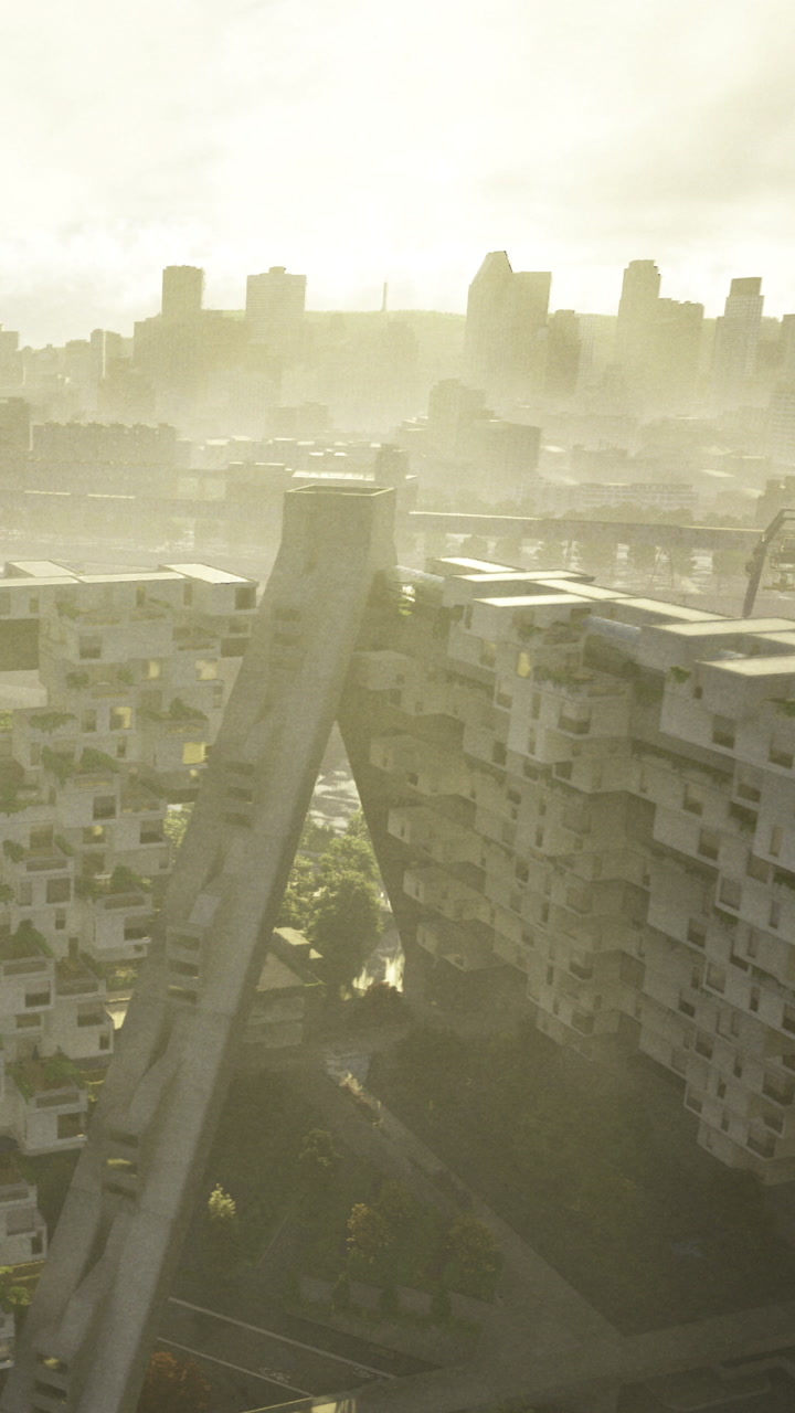 Modern architecture in a city with mist and sunlight during the morning