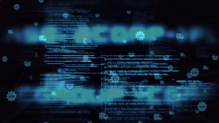 Scrolling blue code shifting and activating drifting ecommerce icon network, showing data exchange