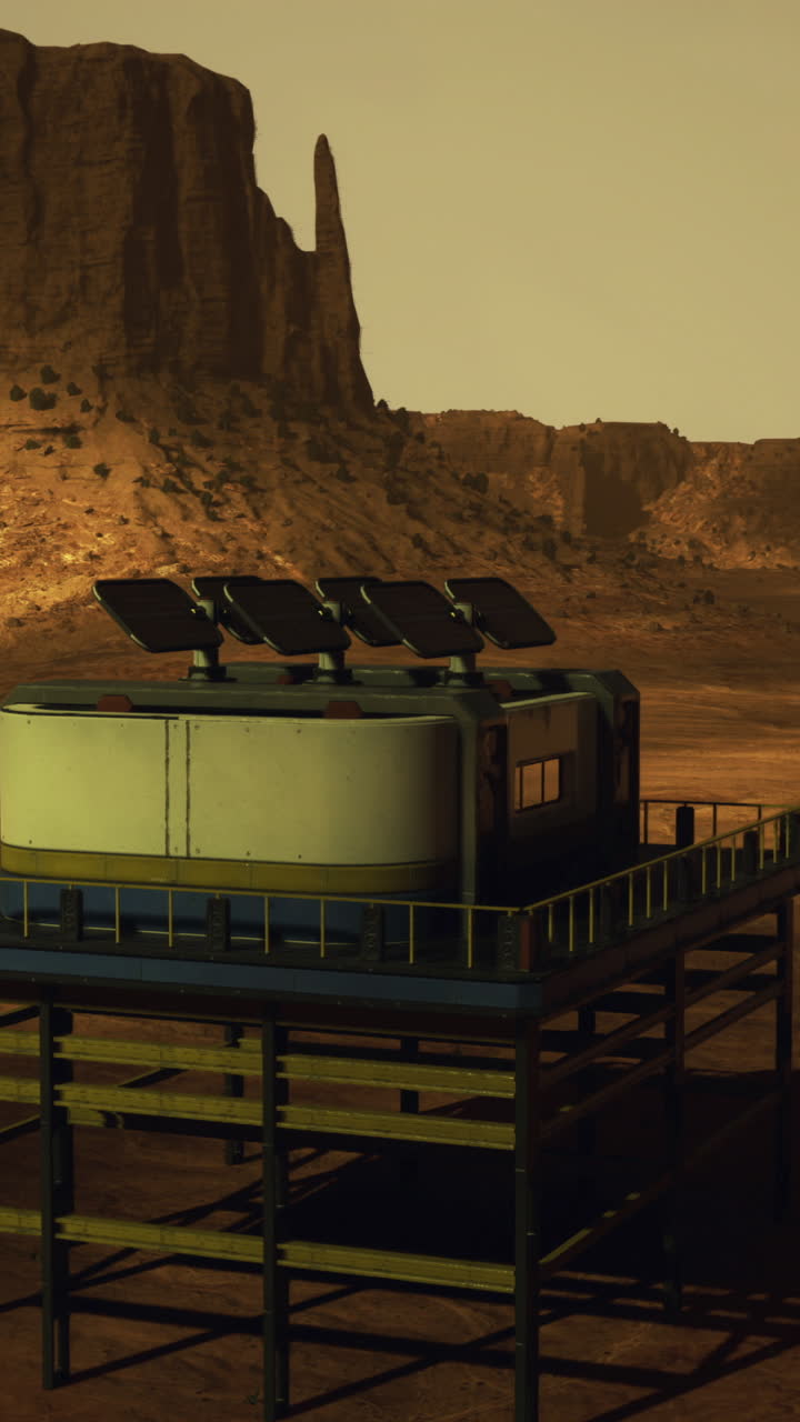 Futuristic habitat in a desert landscape under a hazy sky at sunset