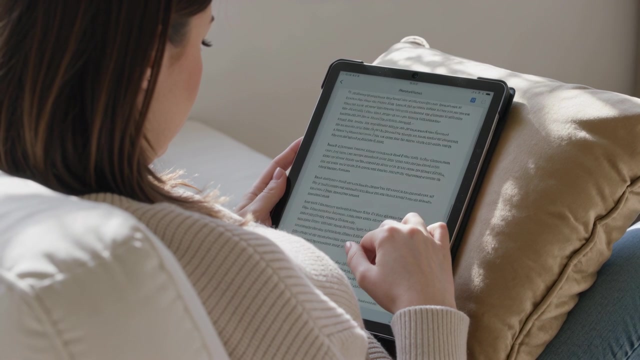 Swiping woman holding tablet scrolling article prompted by header on couch, wearing light sweater