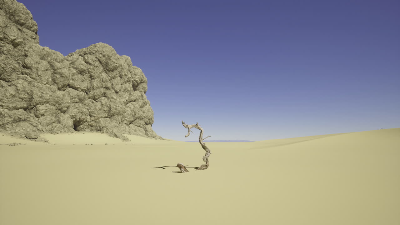 Barren desert landscape with twisted tree and rocky formations under clear sky