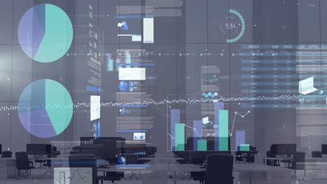 animation of financial data processing over desks in office