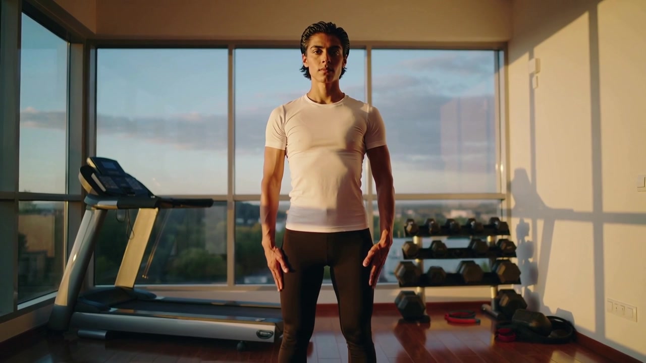 Zooming camera, man wearing white shirt black tights standing at home gym preparing with dumbbells