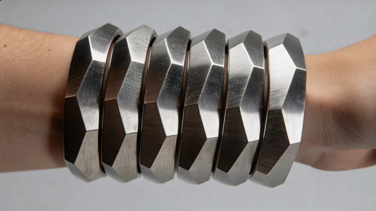 Avambraccio e polso che ruotano regolando sette bracciali metallici sfaccettati impilati per catturare la luce in studio.