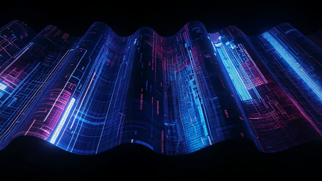 Projector firing, mapping cyan magenta circuitry onto corrugated panel at dark studio, for scanning