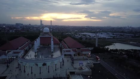 front view drone shot of the semarang city grand mosque at sunset in central java indonesia. grand mosque central java