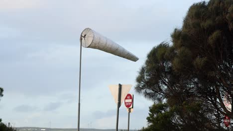 windsock blowing near road signs and trees