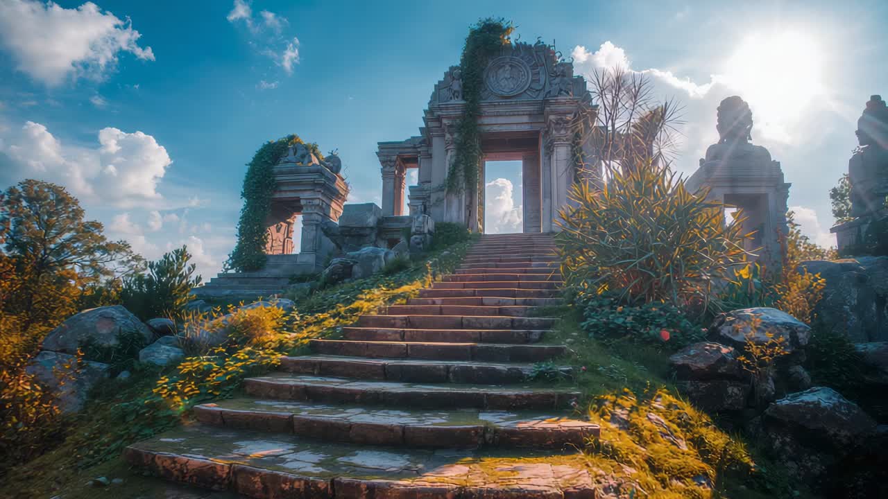 Camera dollying forward up moss-covered stone stairway on grassy hillside, revealing ruined arch