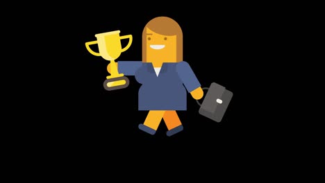 una mujer de negocios corre sosteniendo una copa de oro y una maleta.