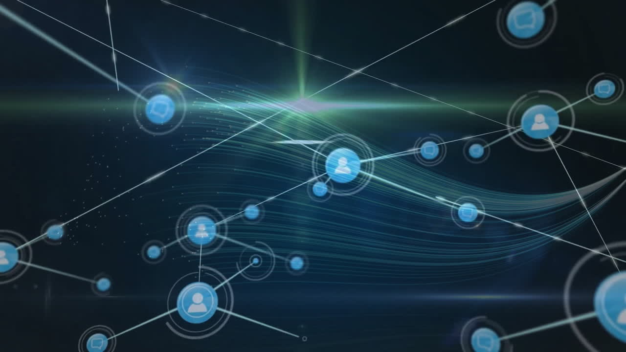 animación de la red de conexiones con iconos sobre fondo oscuro