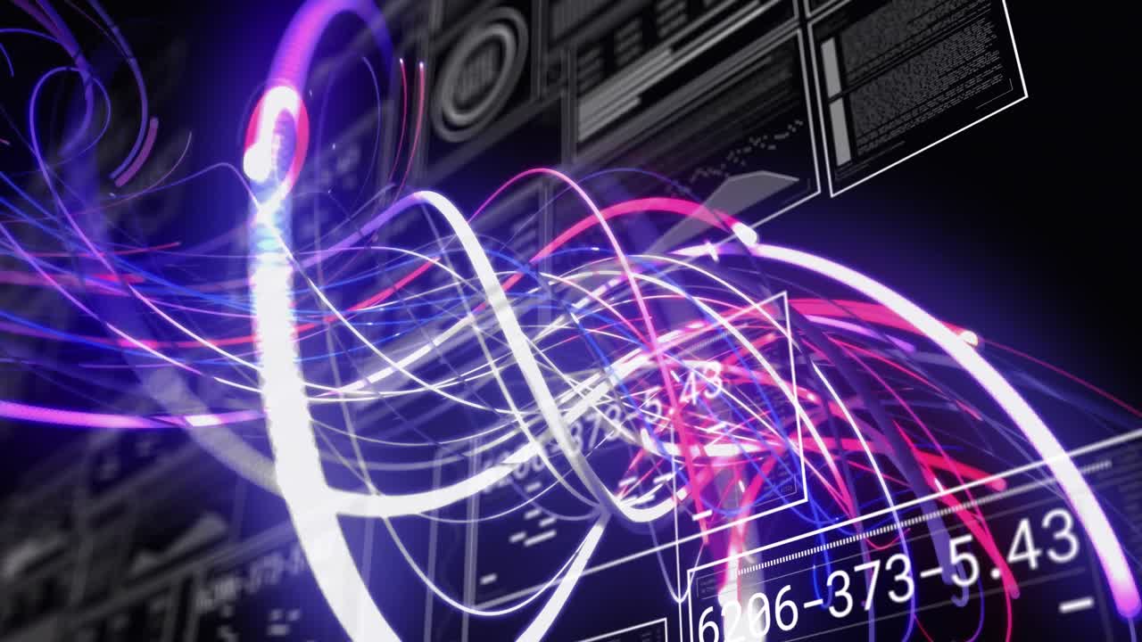 animación de patrones en espiral, gráficos, números cambiantes, círculos de carga y barras sobre fondo negro