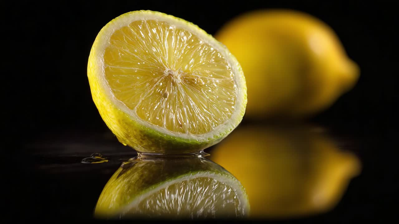Splendida inquadratura ravvicinata di un limone appena tagliato su una superficie riflettente, che mette in mostra il suo interno succoso e il colore vivace su uno sfondo sfocato.