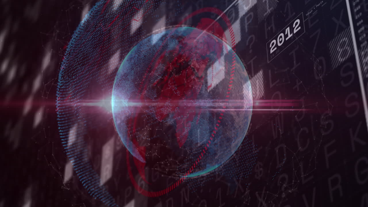 animación de un punto de luz sobre un globo giratorio contra la interfaz con el procesamiento de datos.