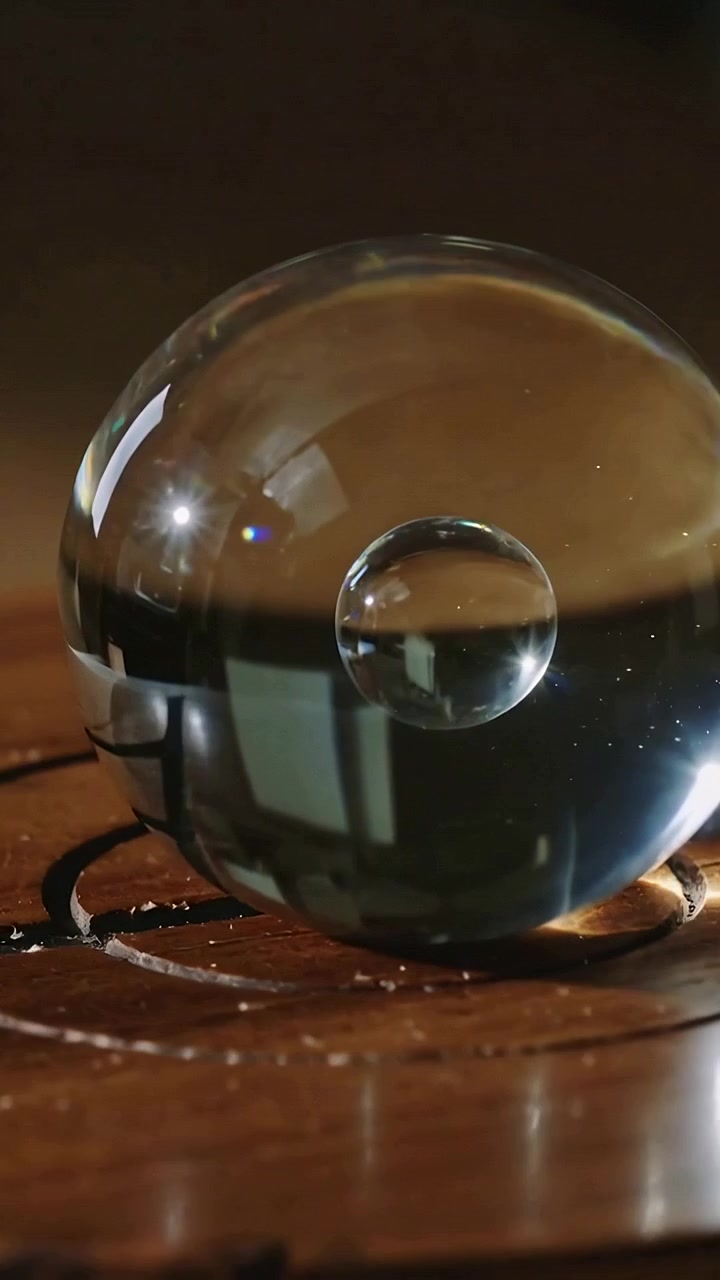 Vertical video: Panning camera revealing glass sphere shifting bubble and pane glare on carved wood