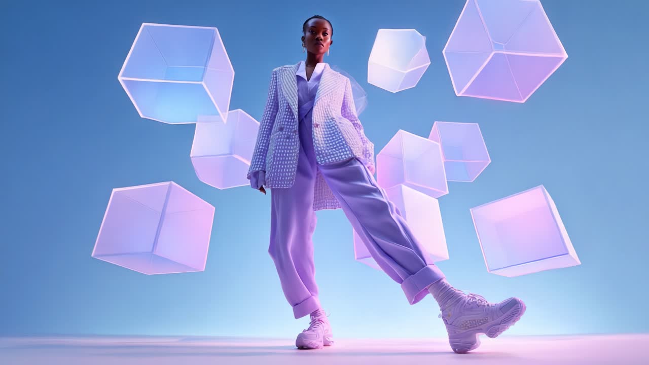 A Stylish Model Poses Confidently Amidst Floating Geometric Shapes, Showcasing a Unique Fashion Statement with a Blend of Modern Trends and Artistic Presentation in a Vibrant Background