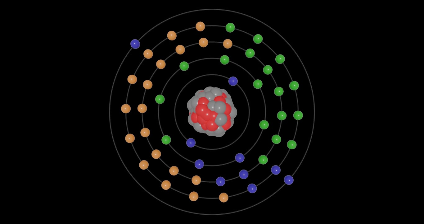 3D animation of a Cadmium atom on a transparent background showing shells, subshells, electron orbits, and a nucleus with protons and neutrons, illustrating atomic structure and energy levels.