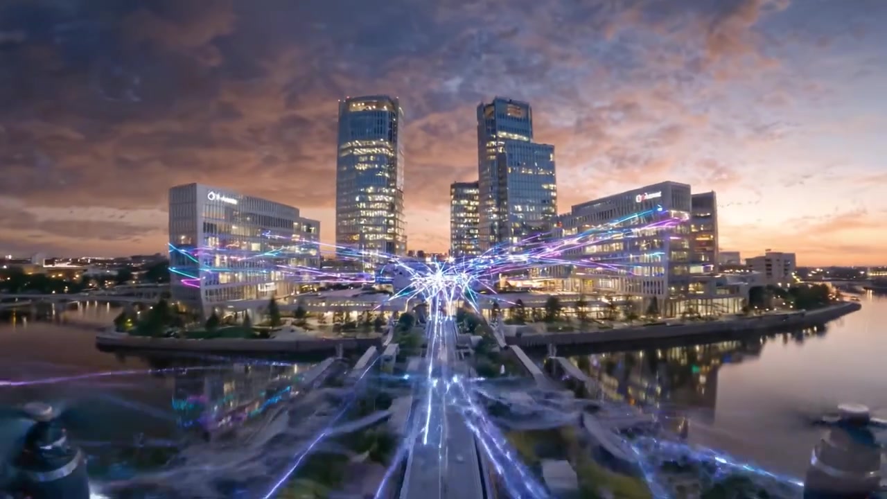 A Stunning Sunset Over a Vibrant Cityscape Reflecting Colorful Lights on Water, Capturing the Transition from Day to Night with Vibrancy and Serenity