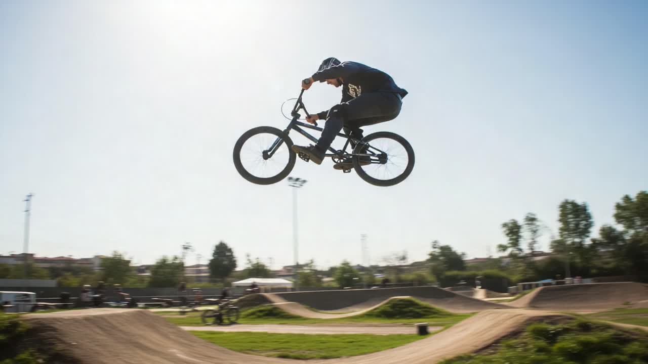 A thrilling display of BMX skills as riders navigate a dynamic park terrain, showcasing jumps, tricks, and the vibrant atmosphere of cycling culture in action