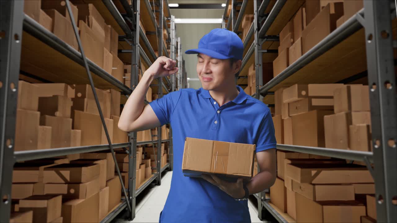 mensajero masculino asiático en uniforme azul sonrisa y flexión muscular mientras entrega un cartón en el almacén