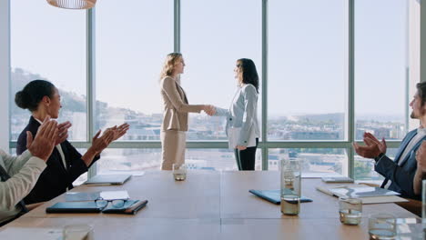 meeting, women and handshake with applause