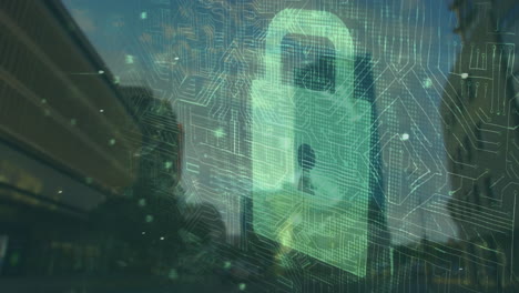 Animation of online security padlock over circuit board and cityscape