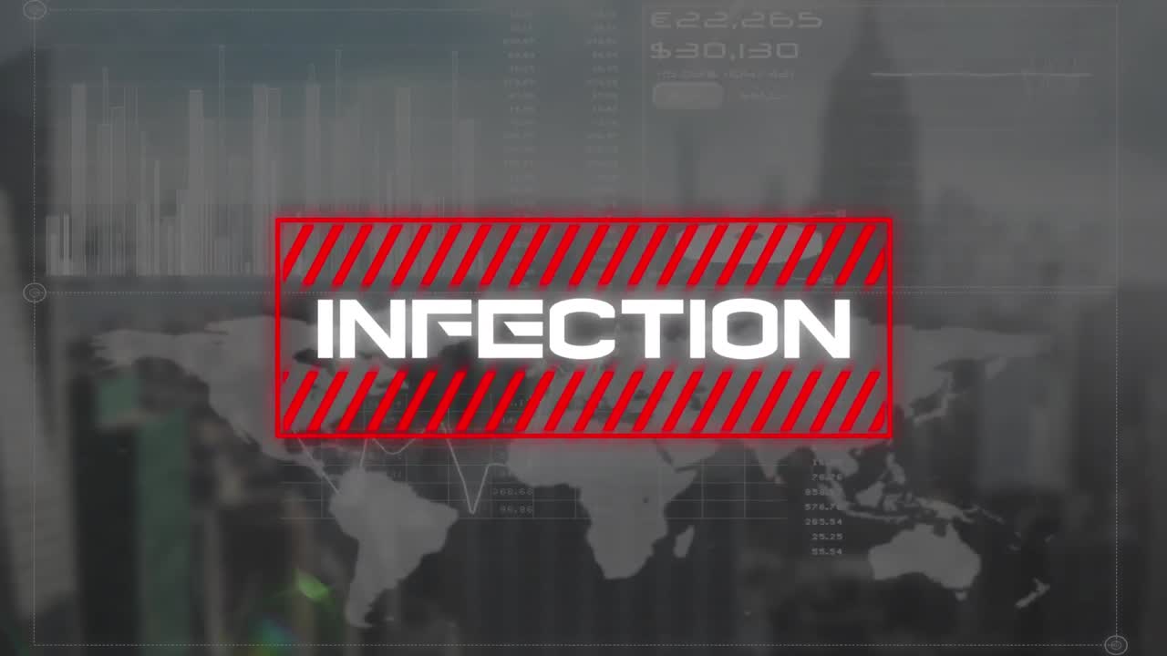 데이터 처리 및 세계 지도에 대한 코로나 19 경고 텍스트의 애니메이션