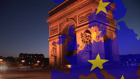 animation of flag of european union over paris cityscape