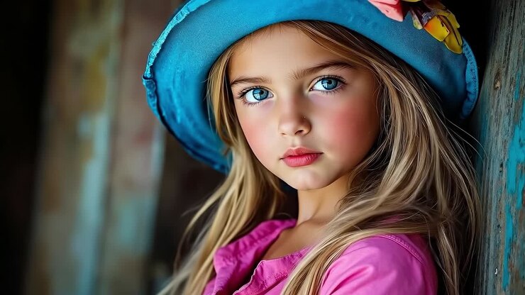 Une petite fille portant un chapeau bleu avec une fleur dessus