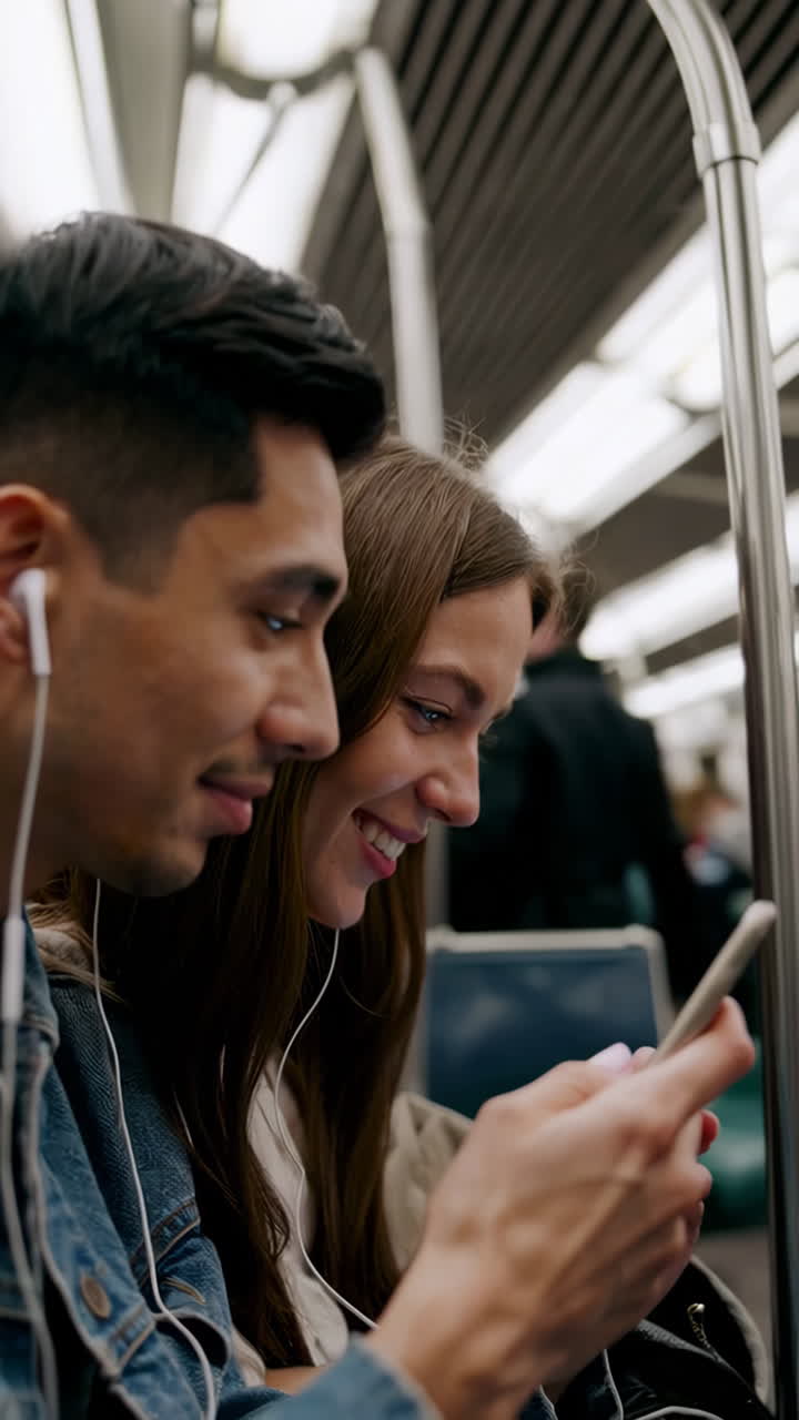 Young Adults Sharing Earphones and Phone on a Subway Train