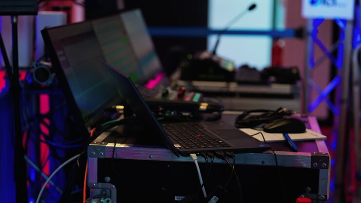 Computers en geluidssystemen op het International Games Festival in Cannes, Frankrijk
