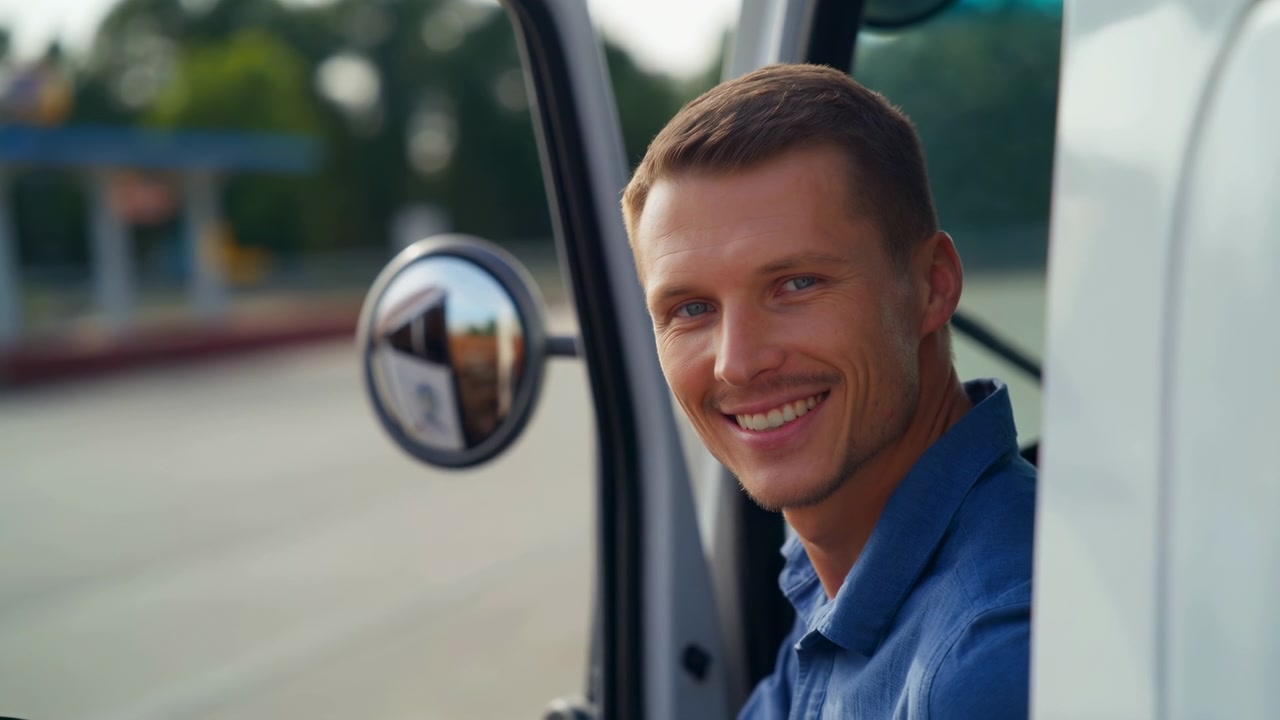 Vista ravvicinata mostra un uomo seduto vicino alla portiera aperta di un veicolo, sorridente e rivolto verso la telecamera, mentre lo sfondo esterno rimane leggermente visibile con luce naturale e dettagli del veicolo che incorniciano la composizione.