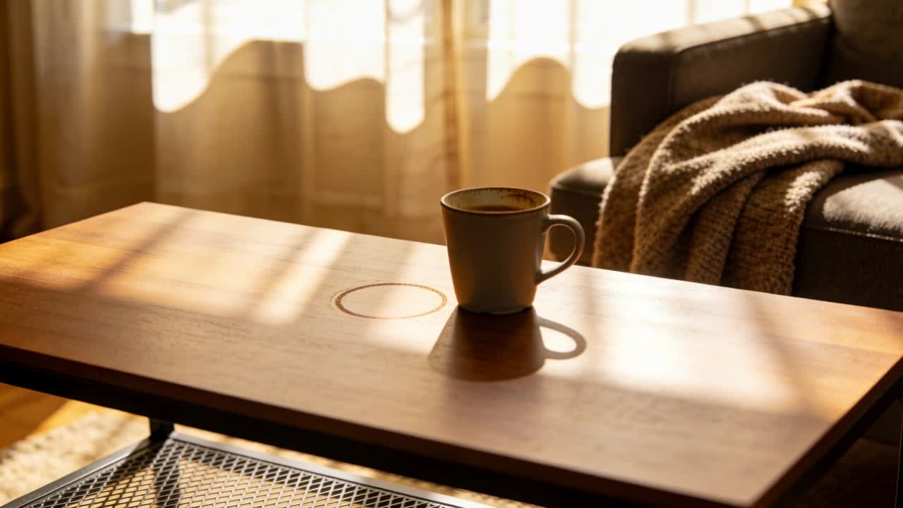 Shifting sunlight through curtains causing cream mug casting sliding shadow wooden table ring stain