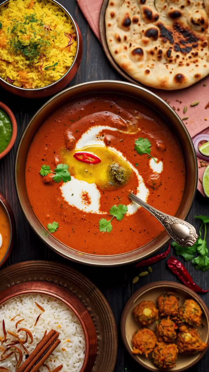 Video dall'alto di vivace cucina indiana, che mette in mostra texture e colori intensi