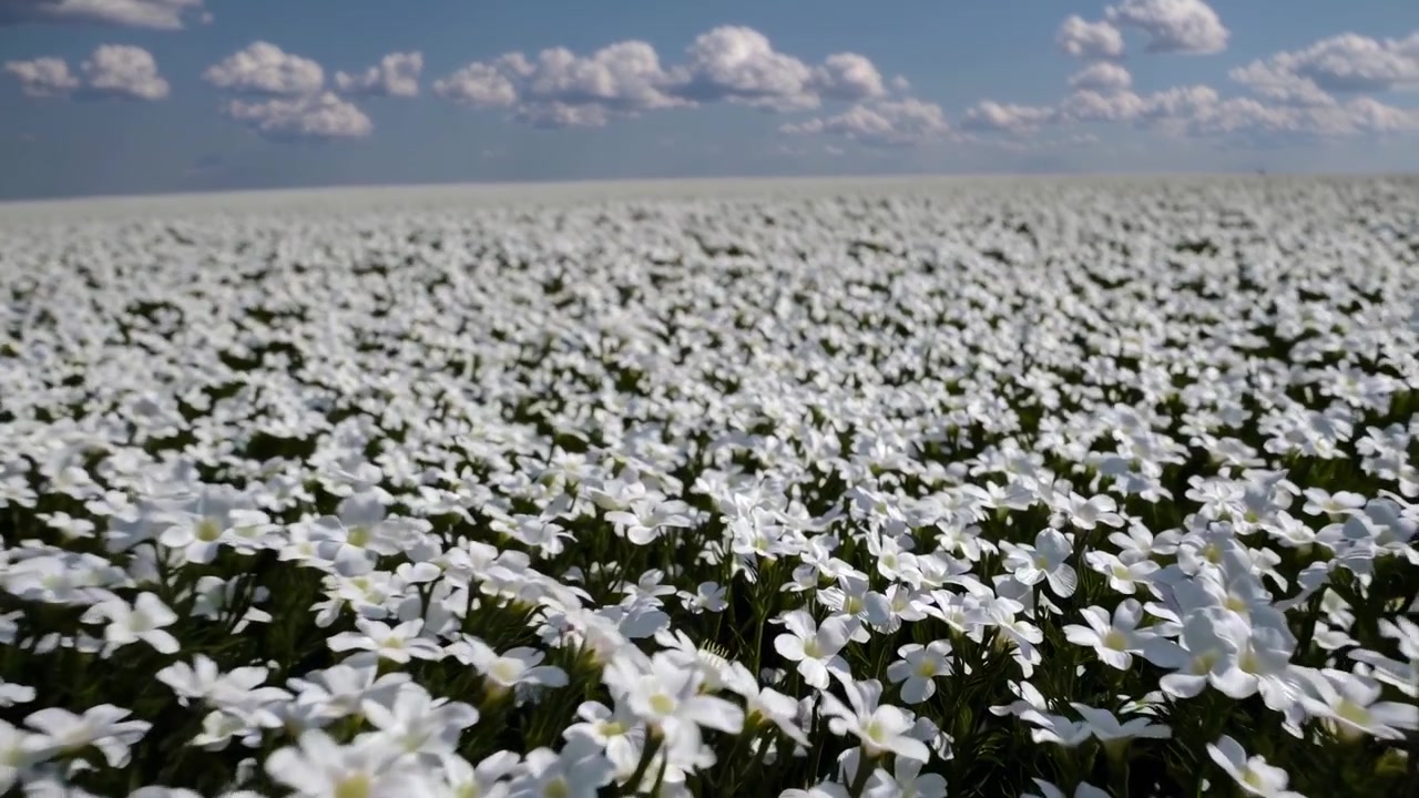 Vidstrakt mark med hvide blomster under en blå himmel