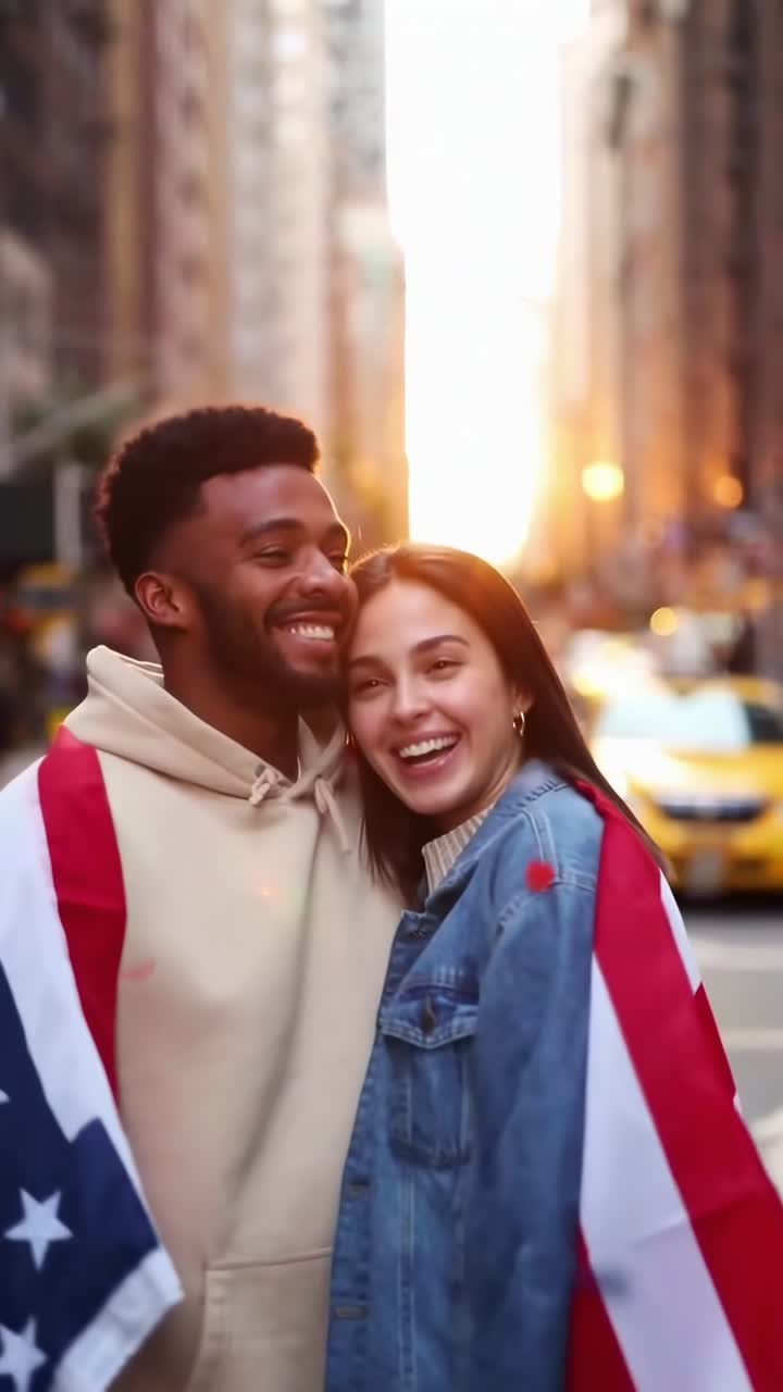 Casal alegre envolto em uma bandeira, cenário de rua da cidade, brilho do pôr do sol, quadro de vídeo em ângulo baixo