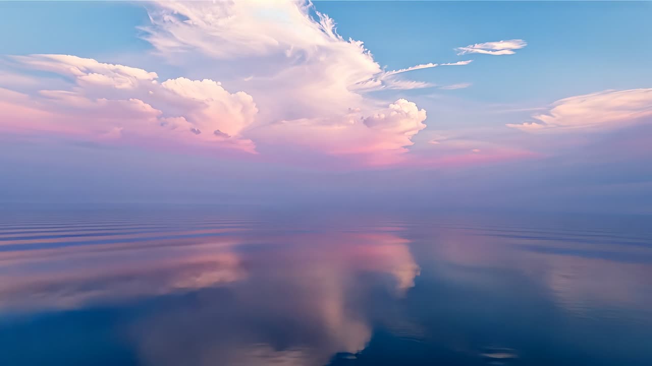 Shifting sunlight causing large billowing cloud bank reflecting on calm ocean, pastel sky deepening