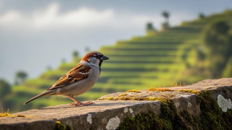 Un bellissimo passero appollaiato su una superficie di pietra con terrazzamenti verdi e panoramici sullo sfondo, che coglie l'essenza della tranquillità della natura.