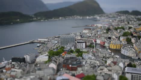 Aksla-at-the-city-of-Alesund-tilt-shift-lens,-Norway