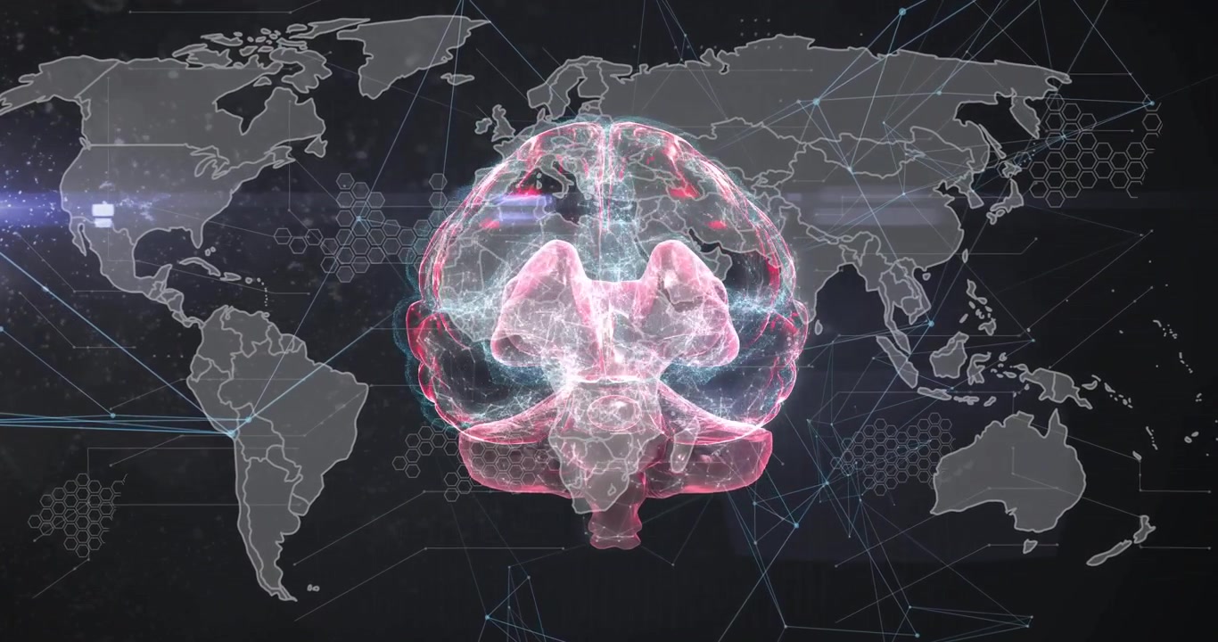 Ao iniciar, modelo 3D de cérebro girando, pulsando, conectando nós em rede global de dados sobre mapa-múndi.