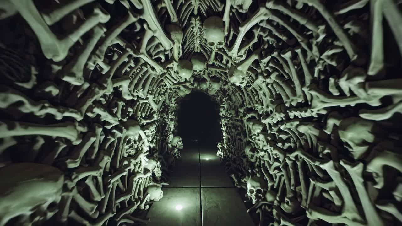 Dark passageway lined with human bones and skulls, illuminated by faint lights, creating an eerie atmosphere in a macabre setting, showcasing the haunting beauty of mortality