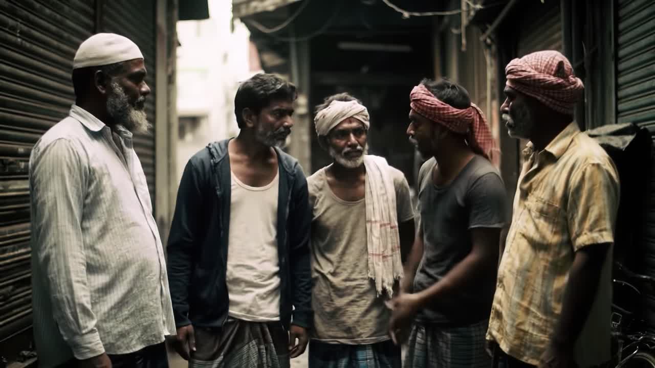 In a narrow alleyway, five men gather for a serious discussion, showcasing intense expressions and gestures. Their attire suggests they are from a local community, adding depth to the scene.