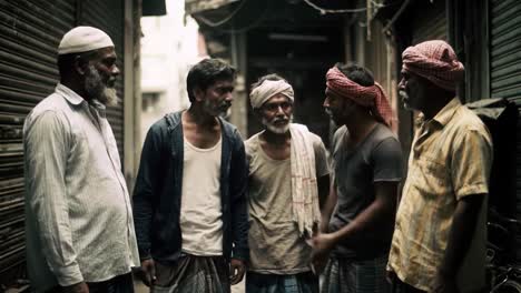 in a narrow alleyway, five men gather for a serious discussion, showcasing intense expressions and gestures. their attire suggests they are from a local community, adding depth to the scene.