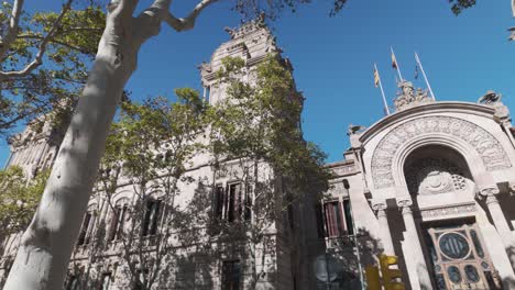 vista de bajo ángulo de la corte suprema de justicia de cataluña con banderas ondeando en un día soleado con cielo azul y algunos árboles