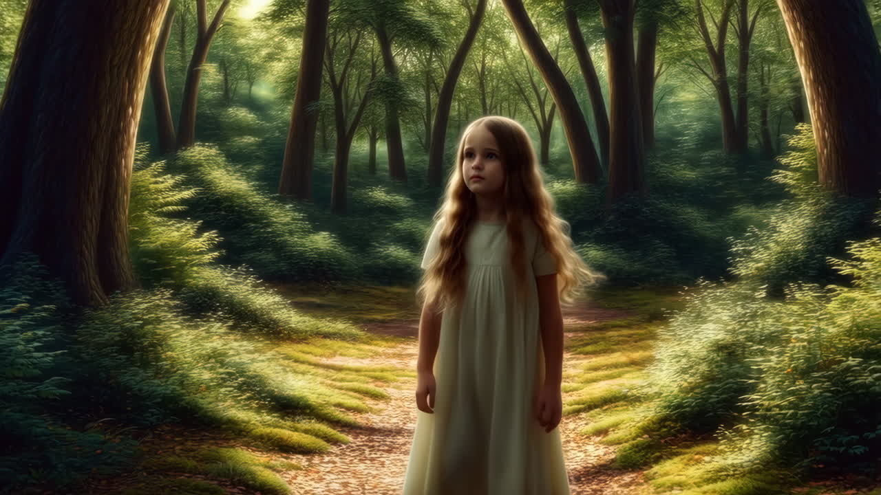 Una giovane ragazza con lunghi capelli e un vestito bianco sta su un sentiero in una foresta incantata e soleggiata