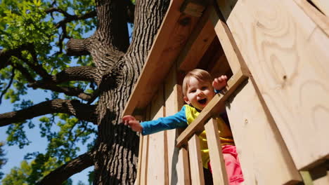 happy child playing in a treehouse