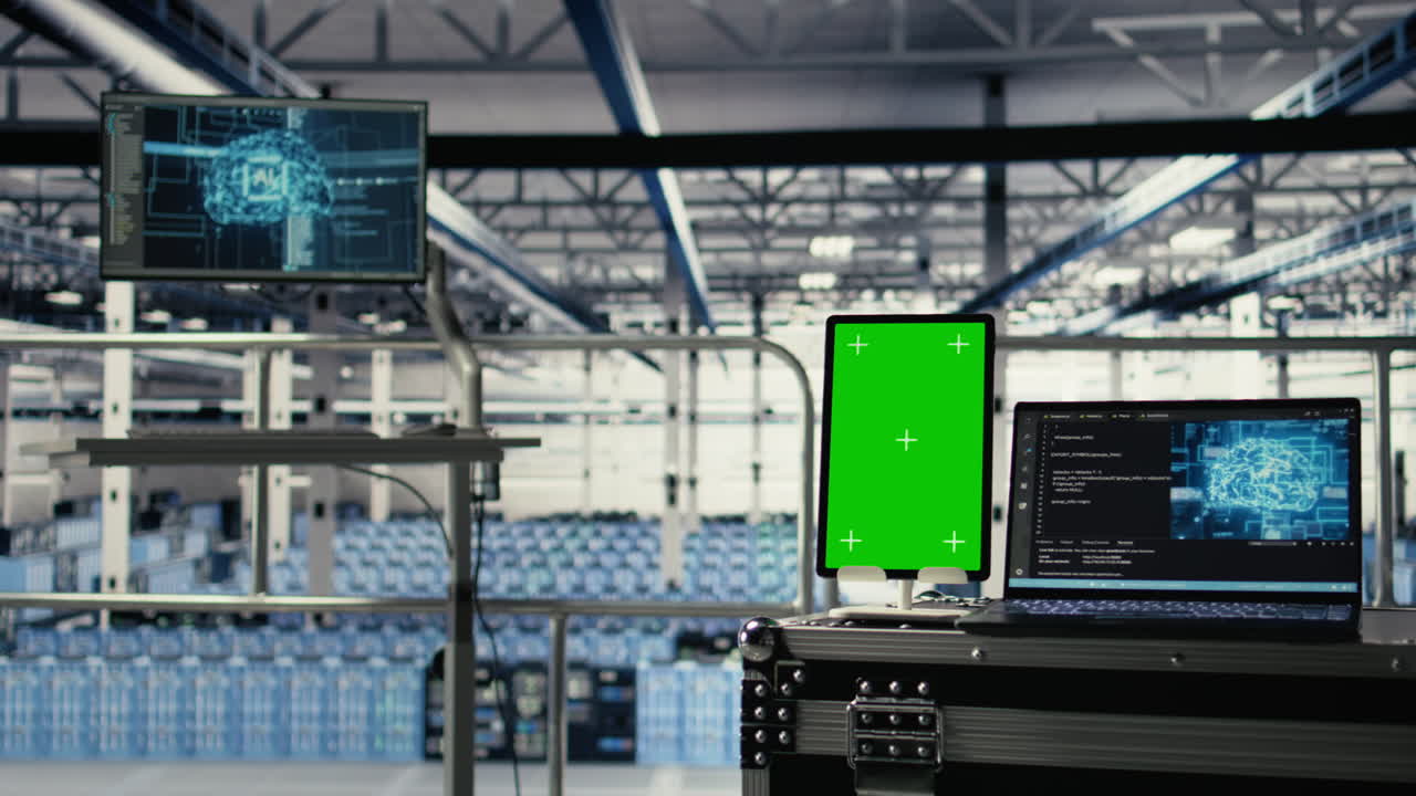 Green Screen Tablet In Server Room With Machine Learning Technology